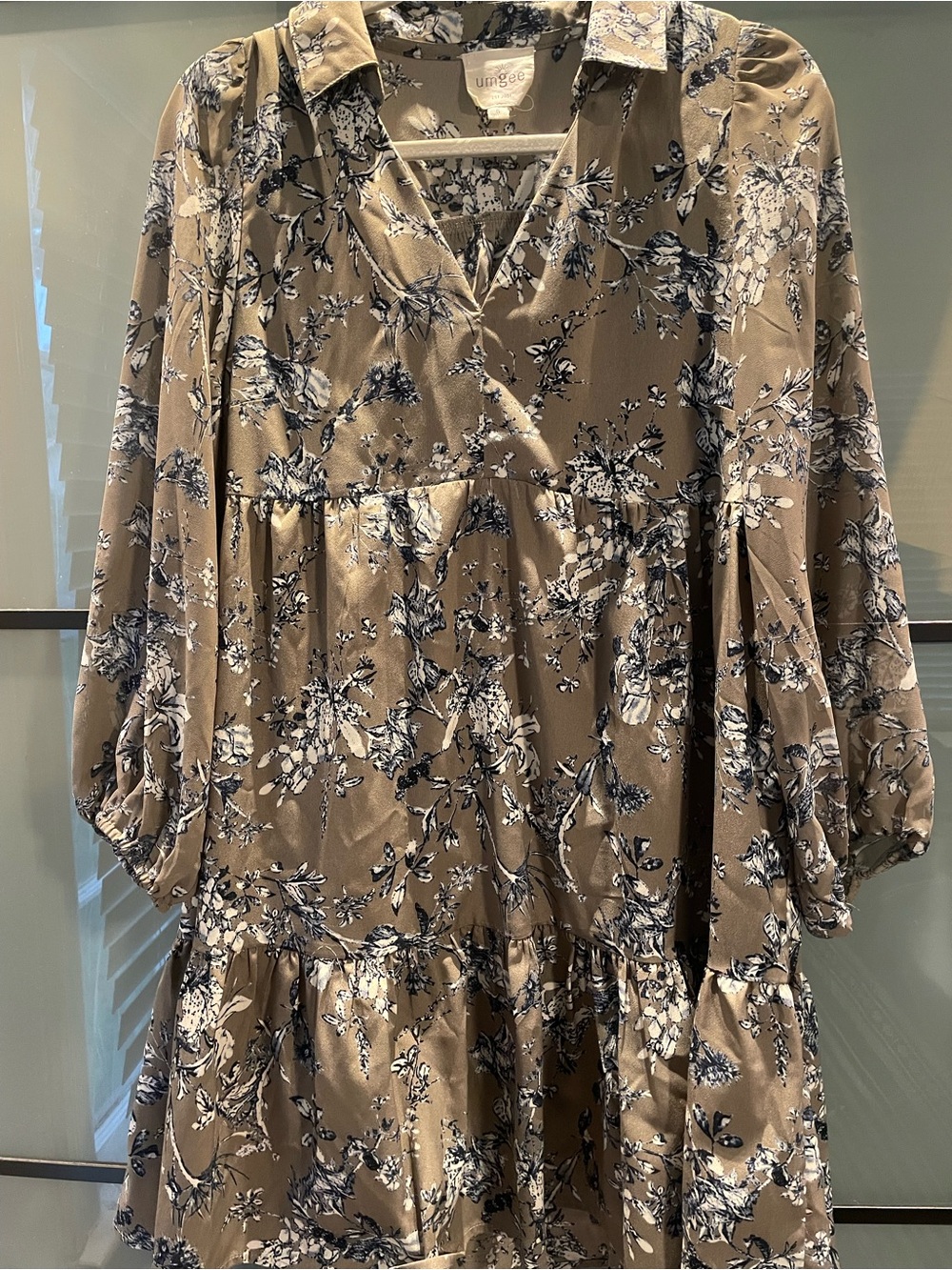 Umgee Taupe Dress with Navy & White Floral Print